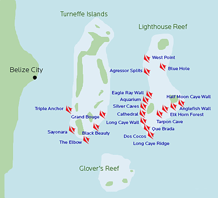 maps duikplaatsen scuba diving duiken belize caribbean sea;